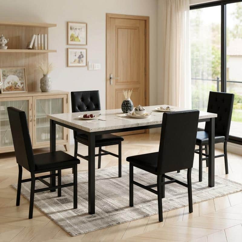 Grondin 5-Piece Dininng Room Table Set with 4 Upholstered Dining Chairs, Faux Marble Top And Metal Frame Dining Table Set Of 5 - Marble Gray & Black PU Leather