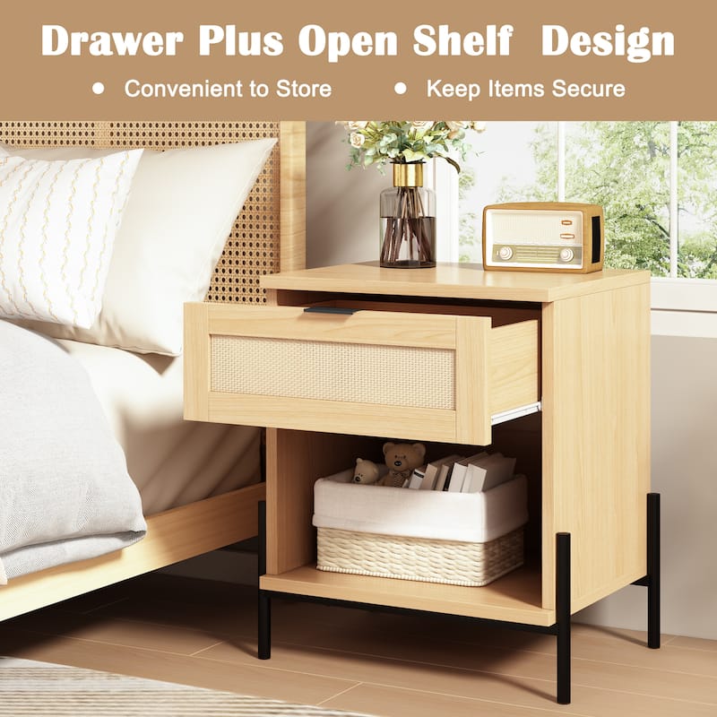 EROMMY Rattan Nightstand Set of 2, Boho Bedside Tables with Drawer and Open Shelf, 19.7" Wide End Tables for Bedroom