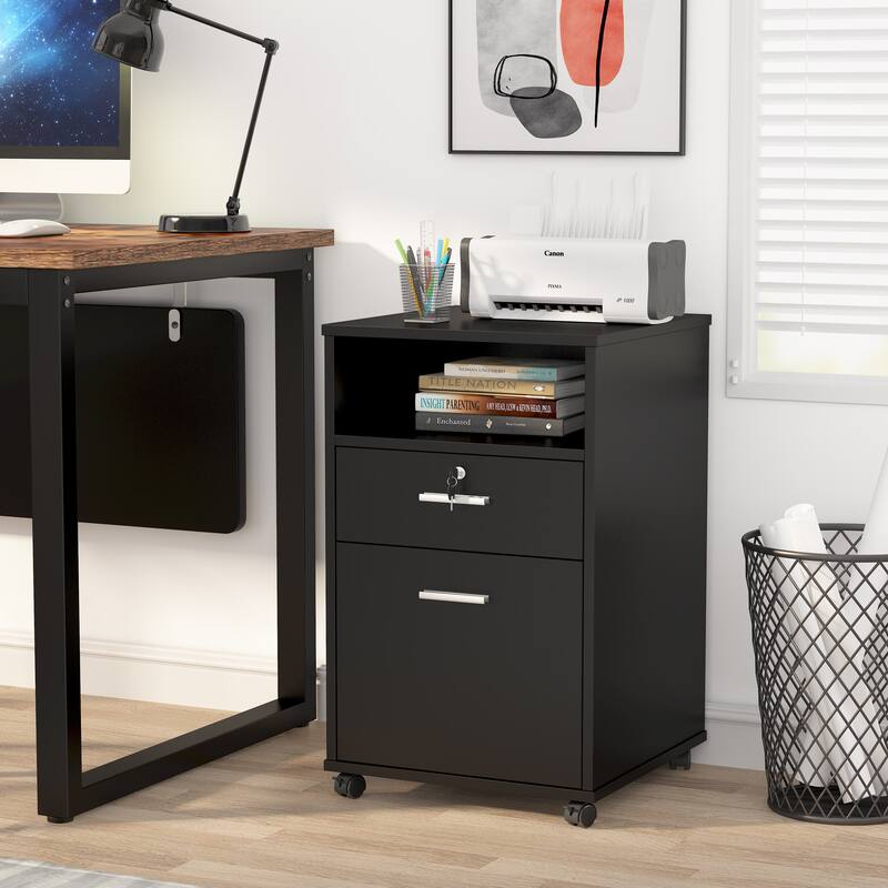 2 Drawer Mobile File Cabinet with Lock, Wood Modern Filing Cabinet