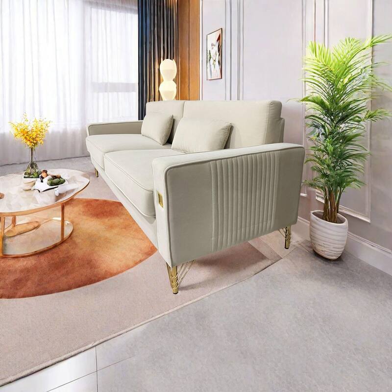 Modern 85.63" Velvet 3-seater Sofa with Gold Accents and Plush Cushions for Living Room