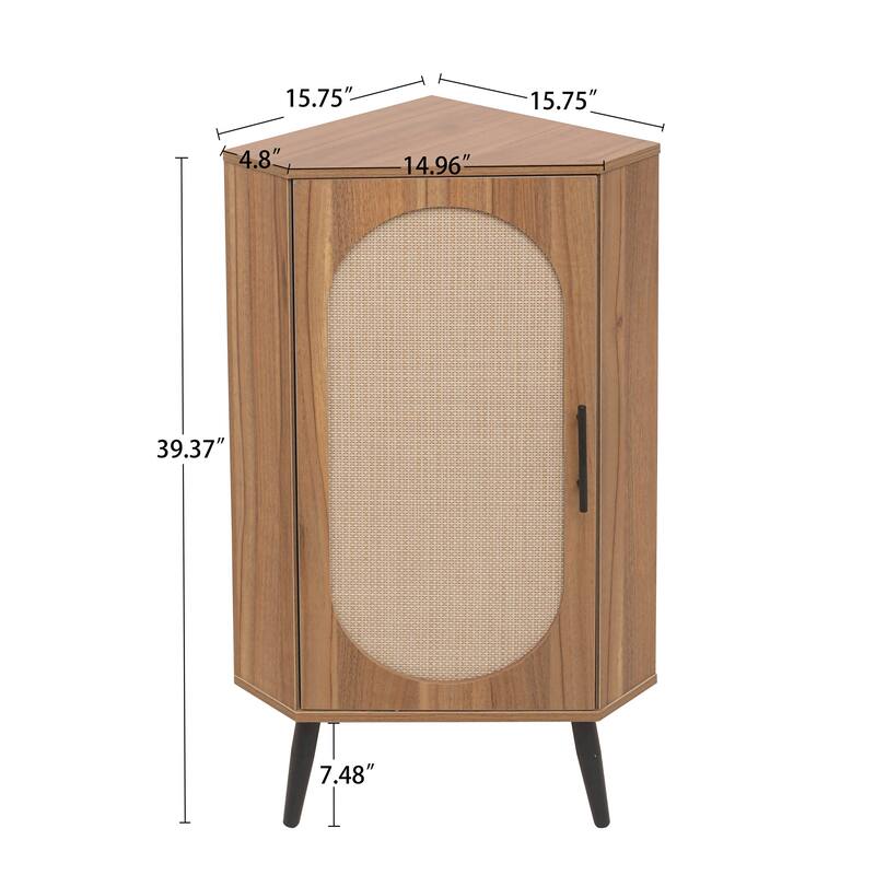 Freestanding Corner Cabinet with Rattan Door