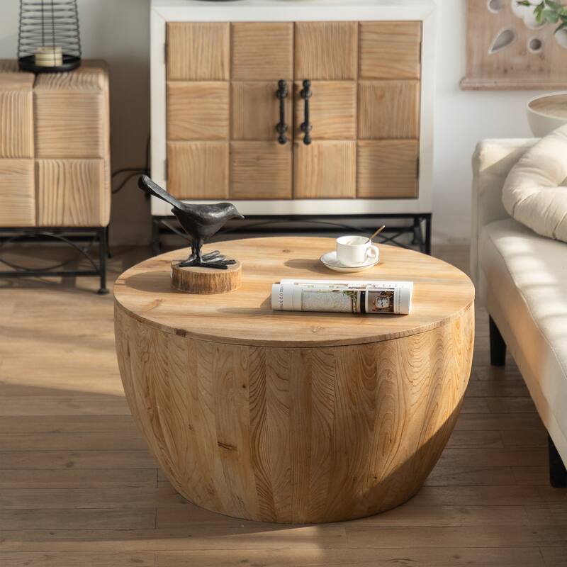 GDFStudio Cael Barrel Wood Coffee Table with Hollow Storage