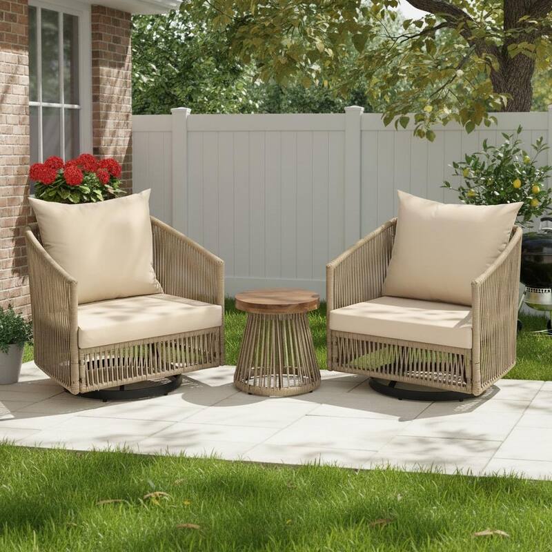 3-Piece Outdoor Patio Swivel Chair Set with Cushions and Side Table - Khaki