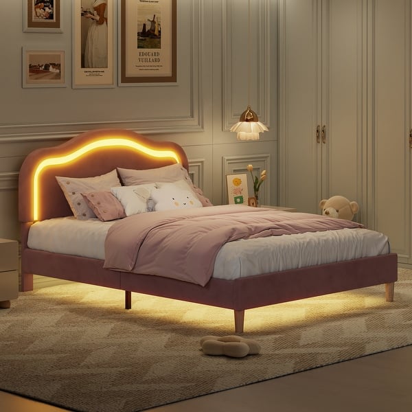 slide 2 of 30, Queen Velvet Smart LED Kids Bed Frame with Adjustable Headboard, No Box Spring Needed, Pink Pink