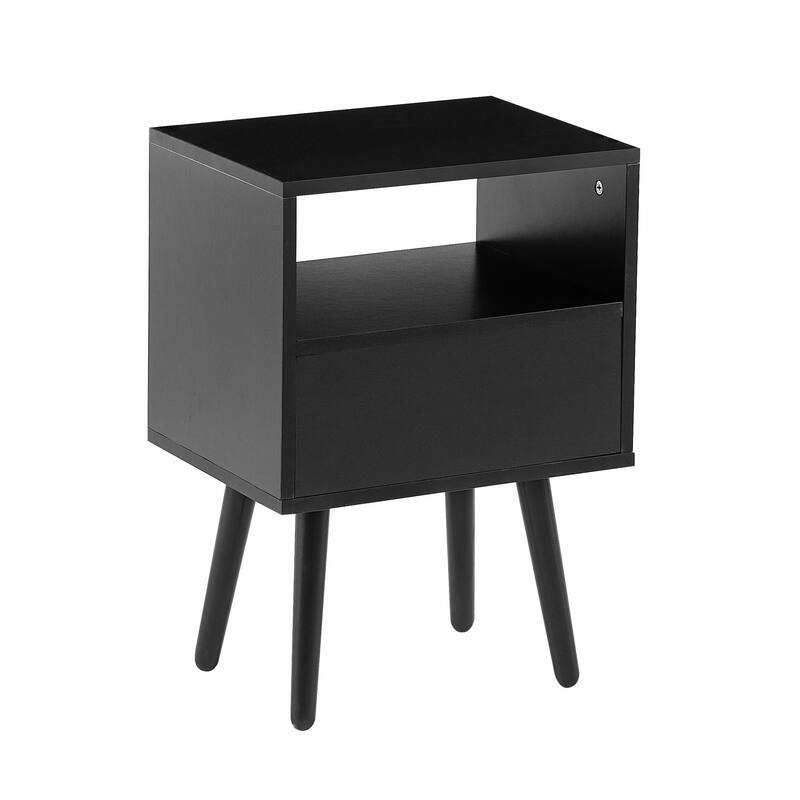 Rattan Nightstand with Drawer, Solid Wood Legs, 16"" Side Table
