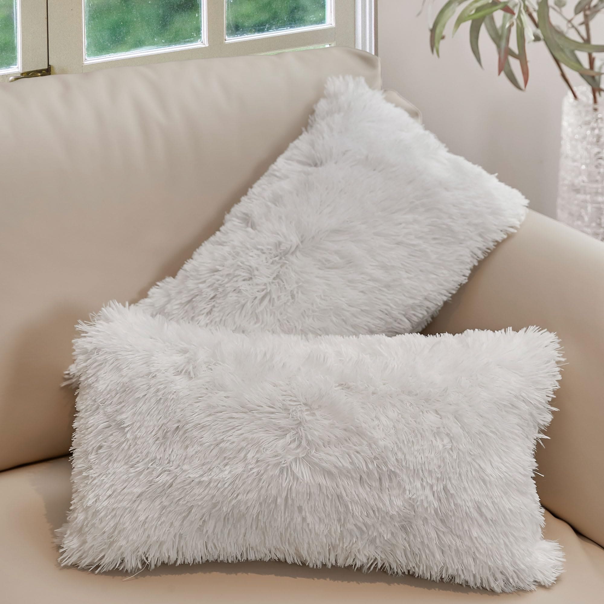 Cheer Collection Set of 2 Shaggy Long Hair Throw Pillows - Super Soft Faux  Fur Pillows for Sofa & Bed - Machine Washable - 18 x 18 - White