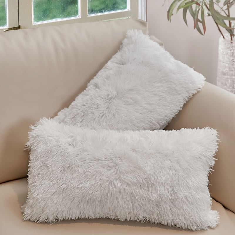 Cheer Collection 12"x20" Shaggy Long-hair Throw Pillows (Set of 2) - White