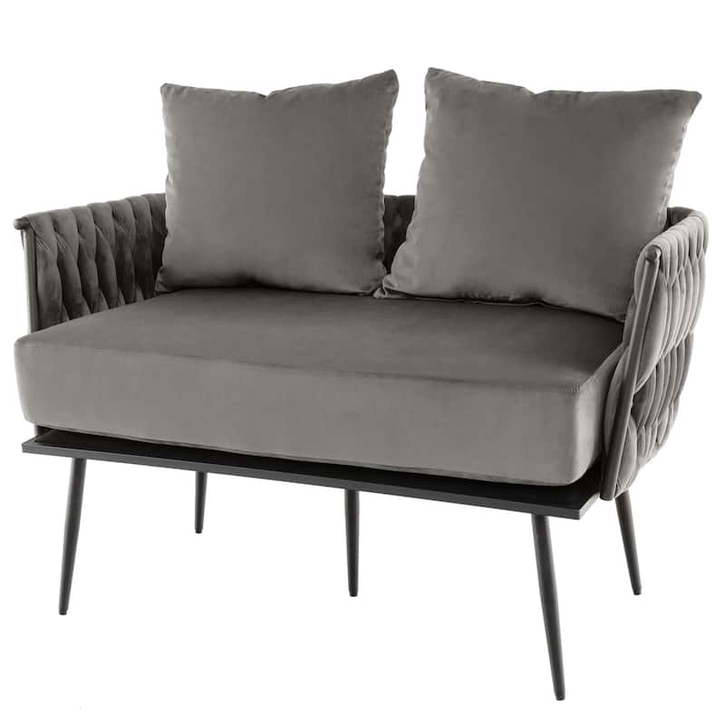 Costway Modern Loveseat Sofa Upholstered Dutch Velvet Couch with Woven - See Details - Grey
