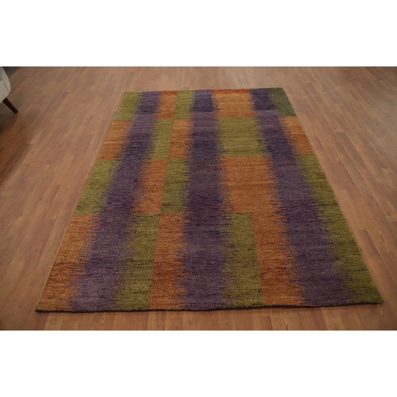 Hand Knotted Oriental 100% Wool Carpet Modern Stripe Multi-Colored Gabbeh Area Rug - 7' 10'' X 5' 7''