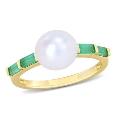 Miadora 8mm Cultured Freshwater Pearl 1/2ct TGW Baguette Emerald Ring 10k Yellow Gold