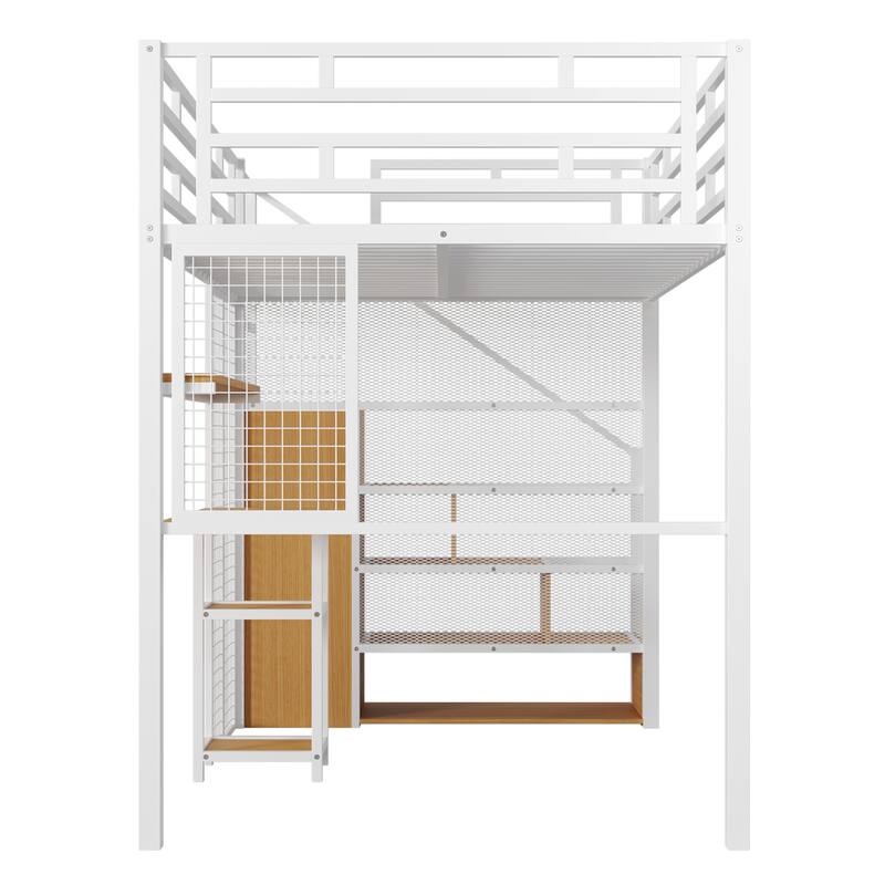 Full Size White Metal Loft Bed with Built-in Wardrobe, Desk & Storage Shelves