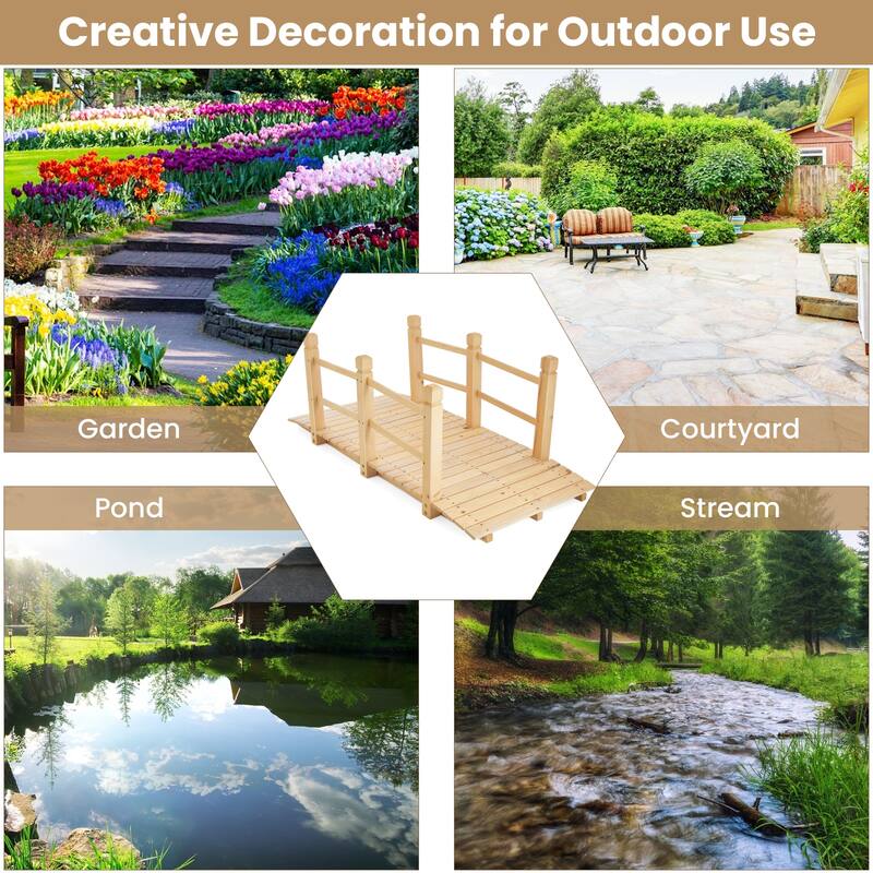 Costway 5' Wooden Garden Bridge Arc Stained Finish Footbridge Backyard