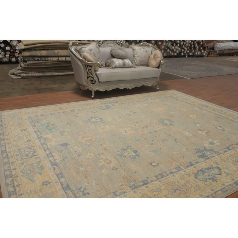 Vegetable Dye Wool Oushak Turkish Area Rug, Floral Geometric Carpet - 12' 5'' X 9' 3''