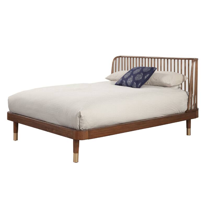 California King Platform Bed with Slat Back Rattan Headboard, Brown