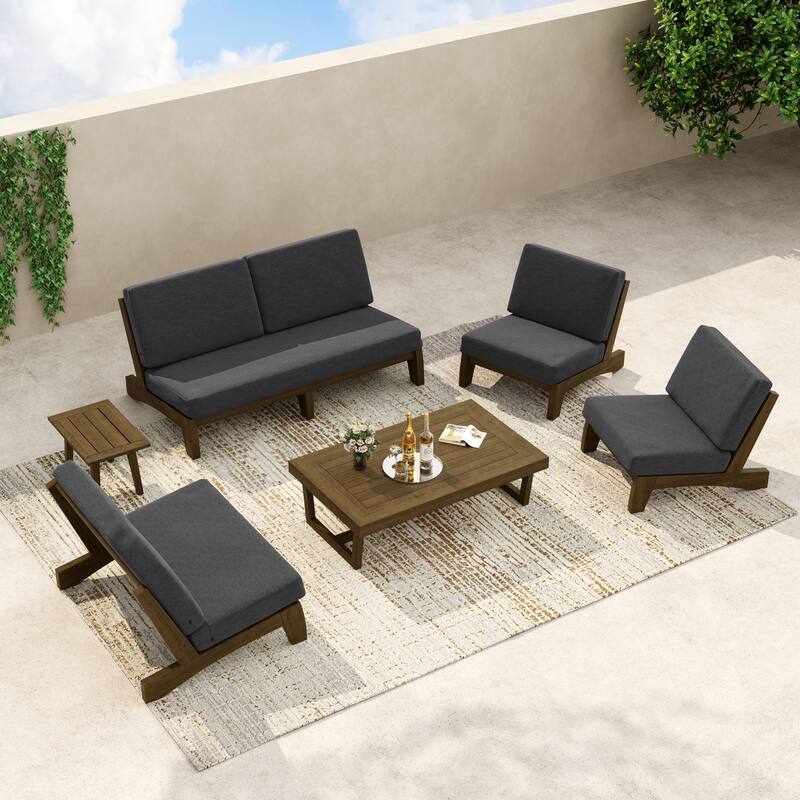 8-Piece Outdoor Sofa Set with Loveseat, 2 Club Chairs & Matching Tables - Brown Wood/Dark Grey - Whole cushion