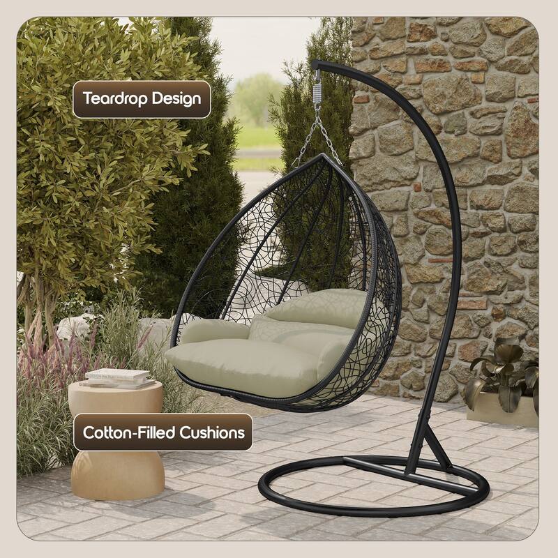 2-Person Outdoor Hanging Egg Chair with Teardrop Frame, Weather-Resistant Cotton Cushioned Seat for Patio and Indoor Use