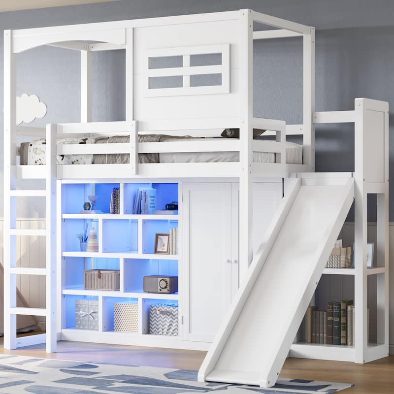 White Twin Size Wood Loft Bed with Slide, Wardrobe, Storage Shelves, LED Light, and House Frame