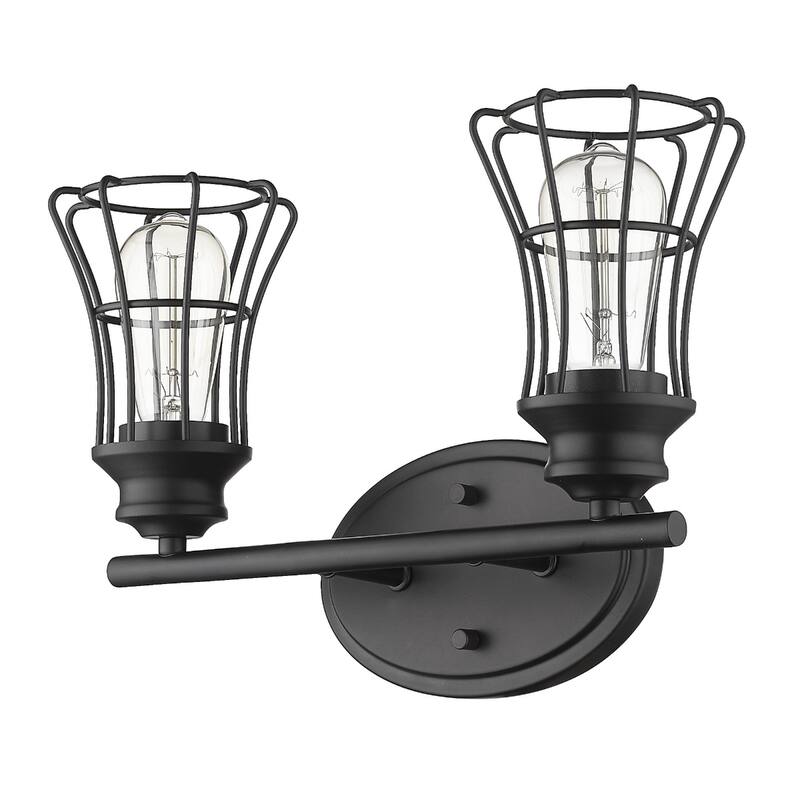 Matte Black 2-Light Vanity Wall Sconce with Cage Shade and Hardwired Fixture for Damp Areas for Bathroom or Hallway