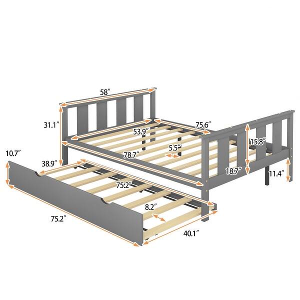 dimension image slide 1 of 2, Full Size Classic Modern Design Solid Wood Platform Bed with Pull Out Trundle and Headboard and Footboard
