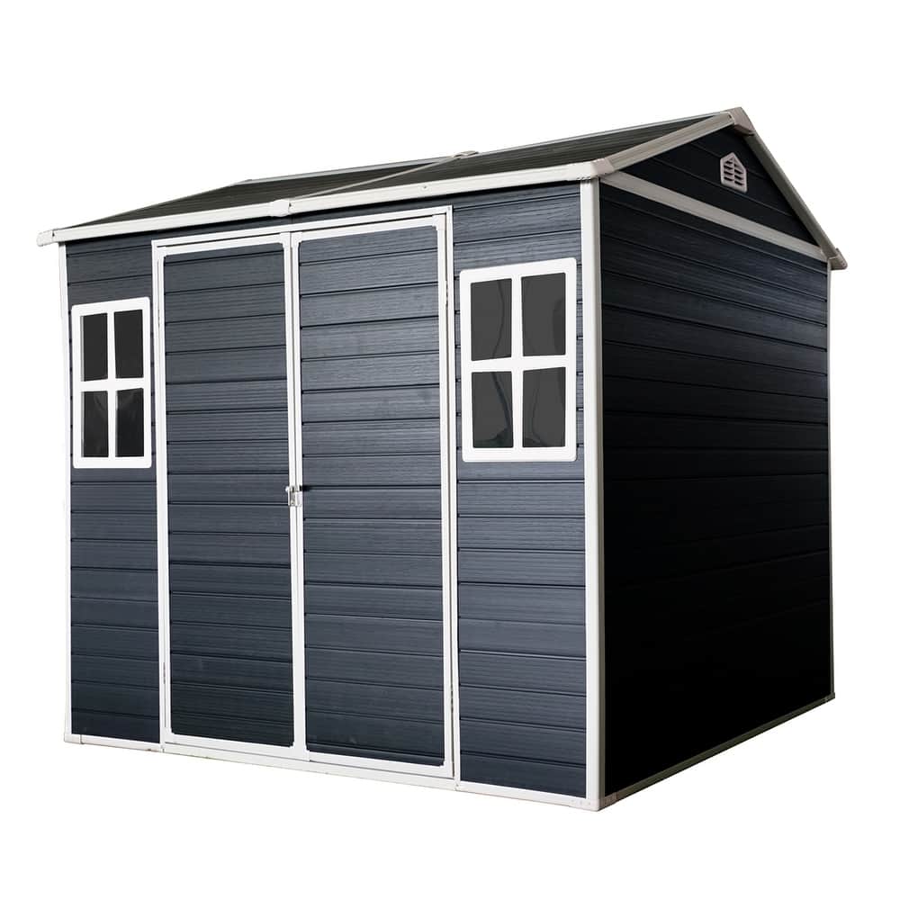 Resin Outdoor Storage Shed UV-Proof Garden Tool Shed with Sloping Roof & Lockable Double Doors, Built-in Floor