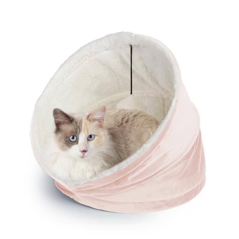 Cozy Cat House Velvet With Sherpa + Dangling Ball - 16"16" - Pink