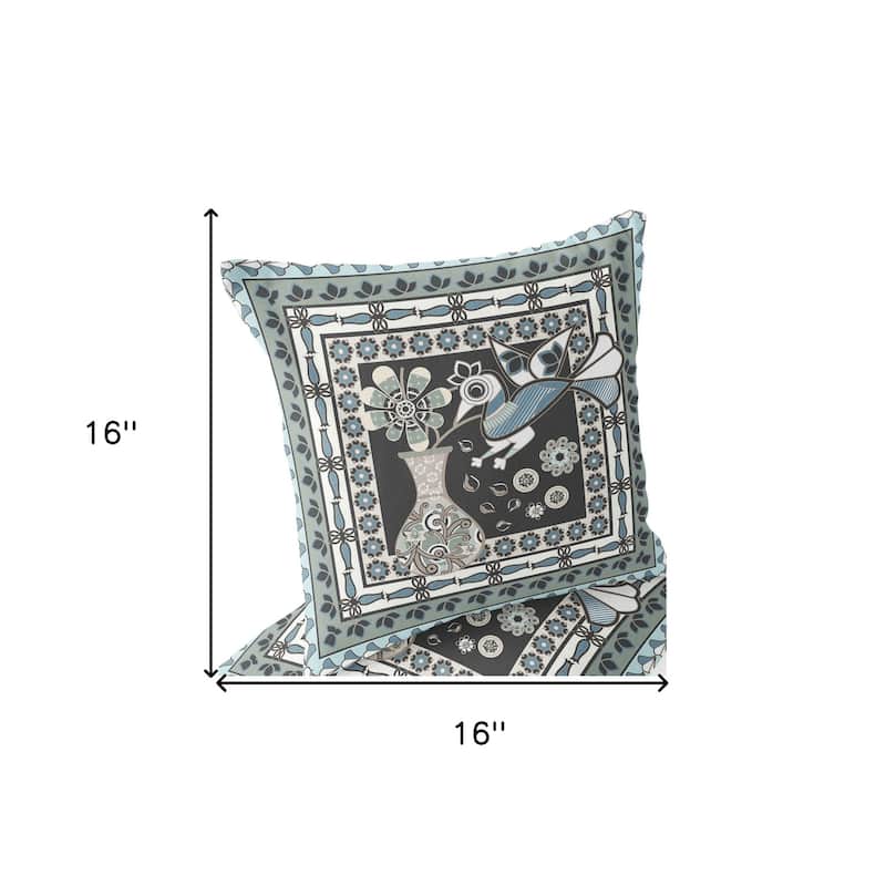 HomeRoots Set of Two 16" X 16" Black and Blue Peacock Blown Seam Floral Indoor Outdoor Throw Pillow - 16.00' X '16.00' X '5.00