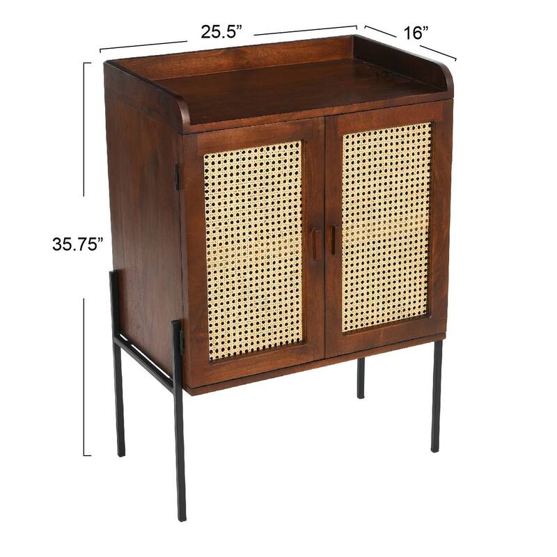Solid Wood Bar Cabinet with Metal Legs and Woven Cane Doors