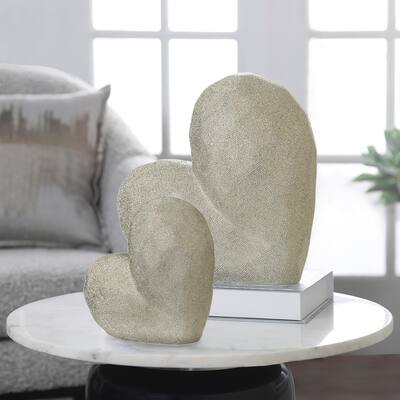 12"L 5"W 12"H Scratched Ceramic Heart Deco Sculpture in Champagne Gold-tone for Living Room, Bedroom, Bathroom, Dining