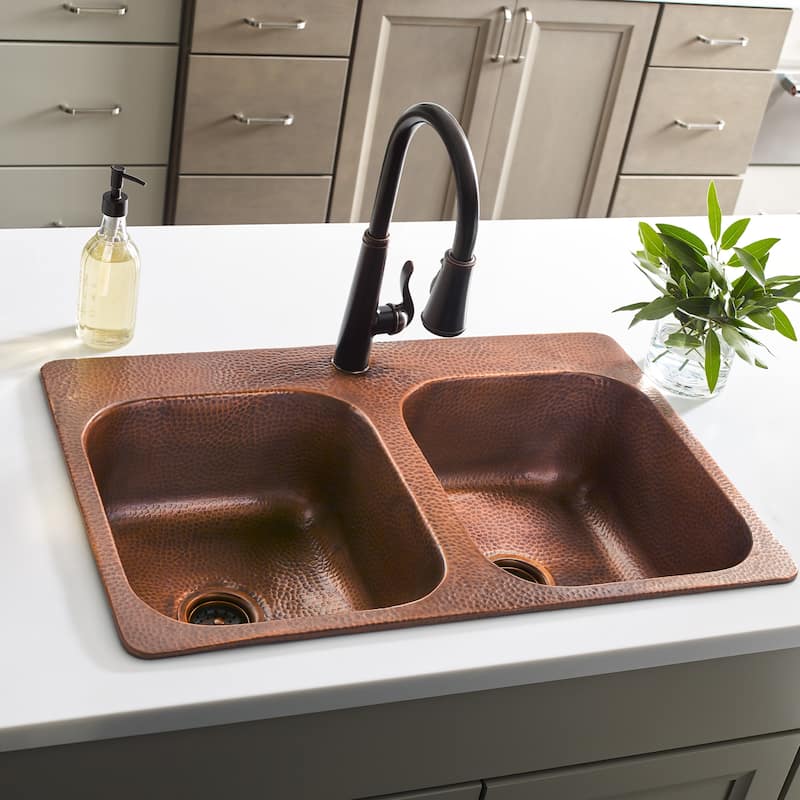 Angelico Copper 33" Double Bowl Drop-In Kitchen Sink with 1 Hole