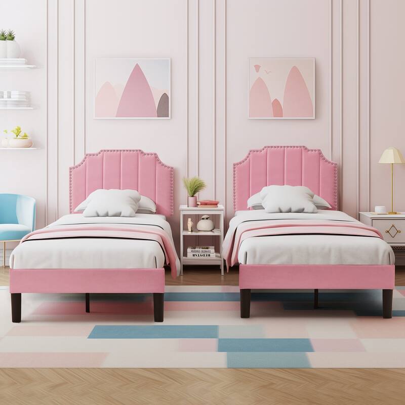 VECELO Double Twin Bed Set 41"-47" Adjustable Height Platform Bed with Nailhead Trim 7.8" Underbed Storage No Box Spring Needed - Pink