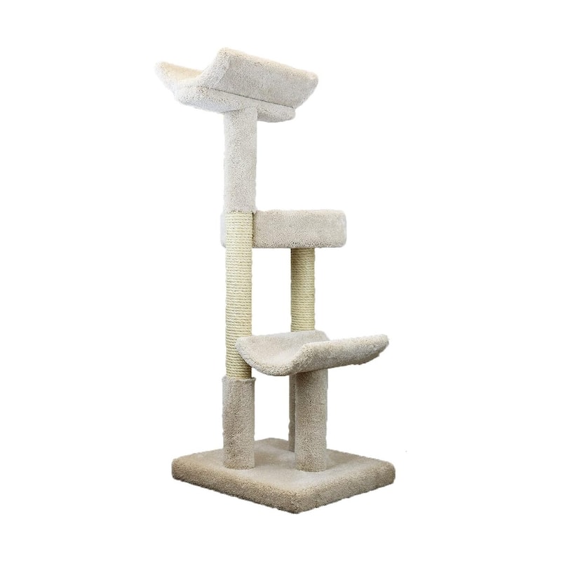 Sturdy Solid Wood Double Scratching Post Cat Tower with Plush Carpet Perches for Multiple Large Indoor Cats