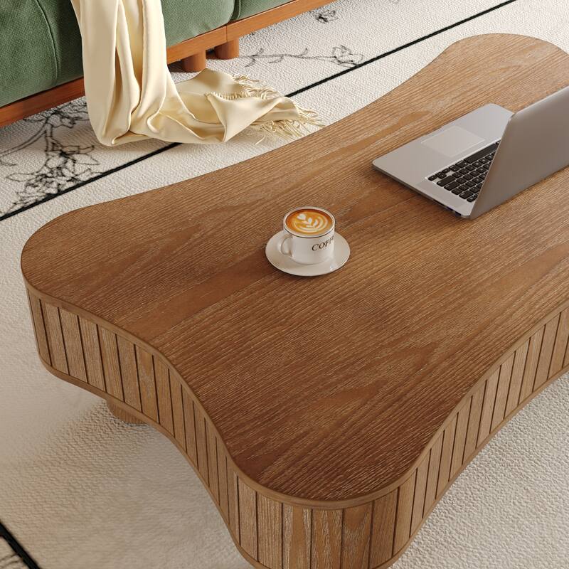 Lift Top Coffee Table for Living Room 42" Fluted Panel Hidden Storage, Silent Hydraulic Lift, Curved Safety Corners,Natural Wood
