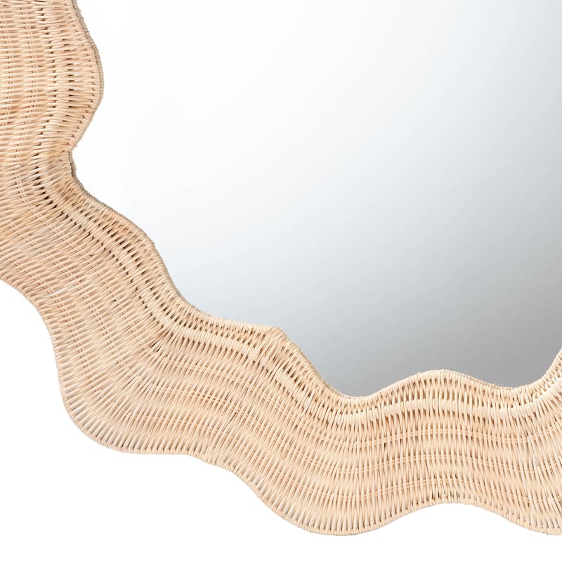 Hasana Coastal Scalloped Natural Rattan Round Accent Wall Mirror