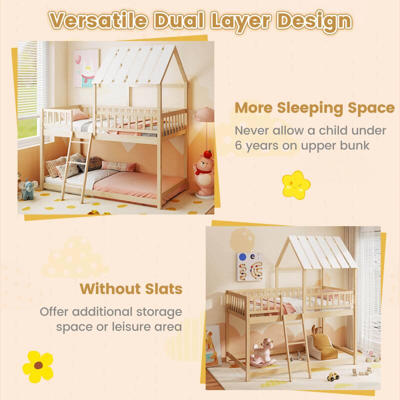Costway Twin Over Twin House Bunk Bed with Roof, Ladder & Full-length