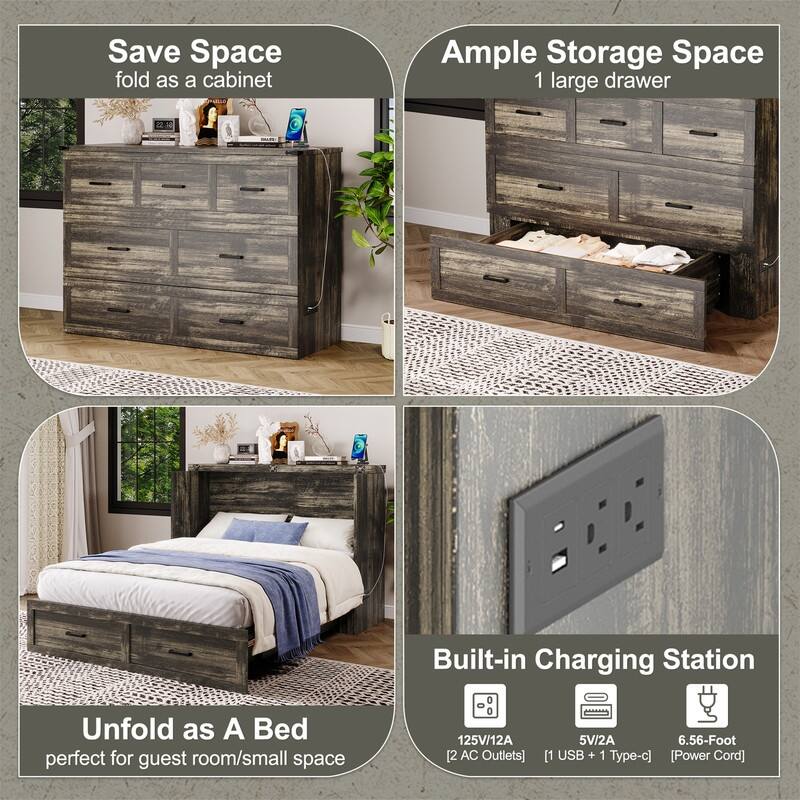 Full/Queen Size Murphy Bed Wall Bed with 1 Large Storage Drawer, Foldable Murphy Cabinet Bed with USB Charging Station