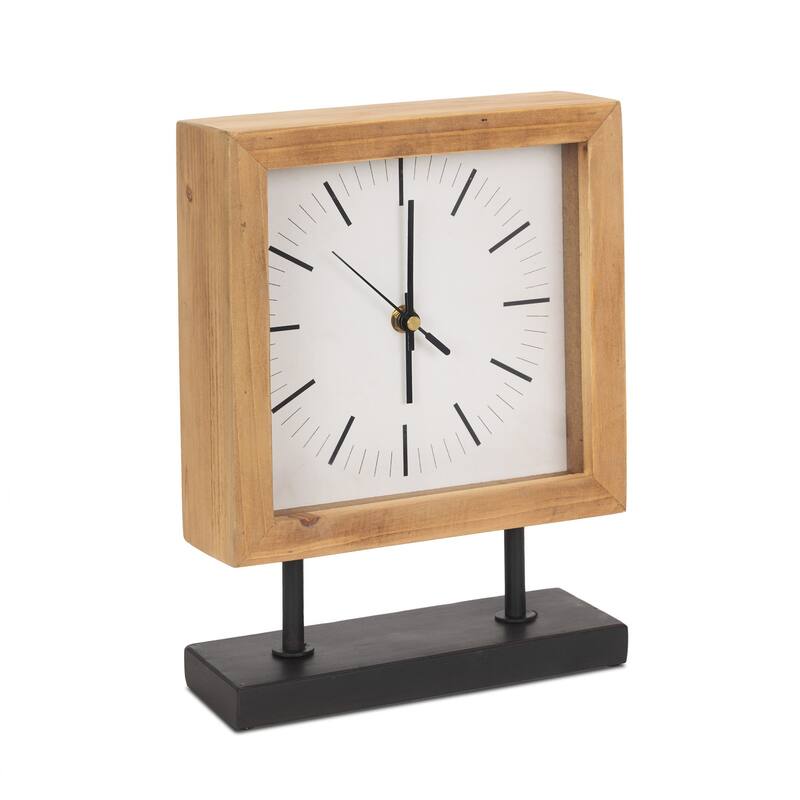 HomeRoots 11" Natural And Black Solid Wood And Metal Square Table Clock - 8.07 in. x 11.02 in. x 2.76 in.