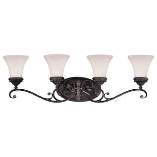 Avenant 4-Light 33.5 in. W Venetian Bronze Bathroom Vanity Lighting Fixture, Etched White Glass Shade, Dimmable, Reversible Wall