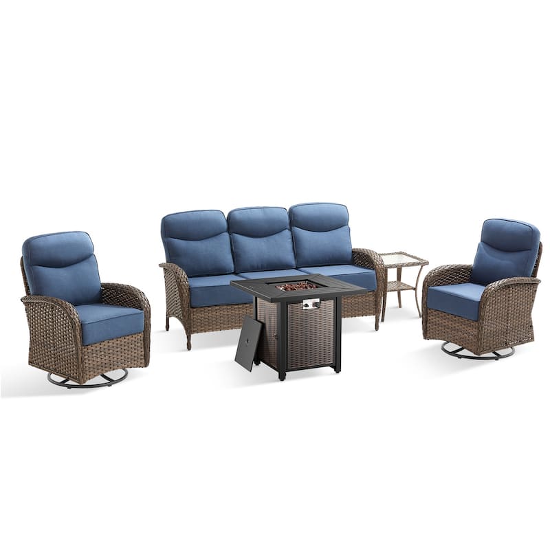 Pocassy Outdoor Sofa Swivel Chair and Ottman with 30in Fire Pit Table