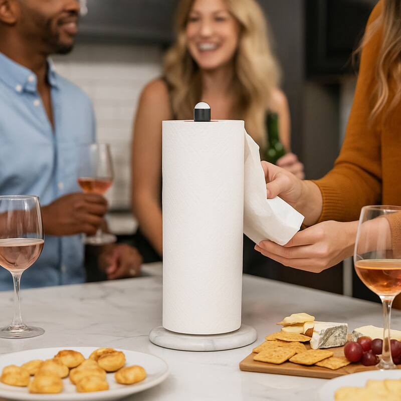 Creative Home White Marble Upright Paper Towel Holder with Black Metal Pole