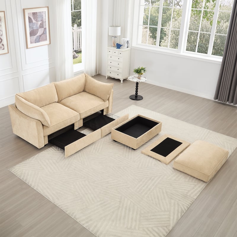 2-Seater Loveseat with 1 Movable Ottoman & Pull out Storage Drawer Under Seat