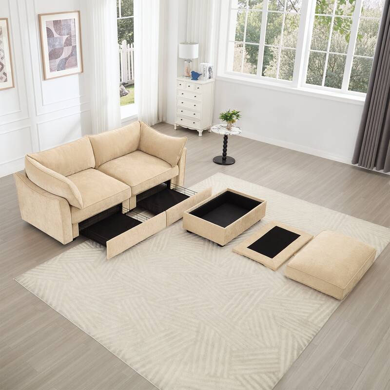 Rossetta 2-Seater Chenille Sofa with Storage Drawers, Wraparound Cushions and 1 Matching Ottoman