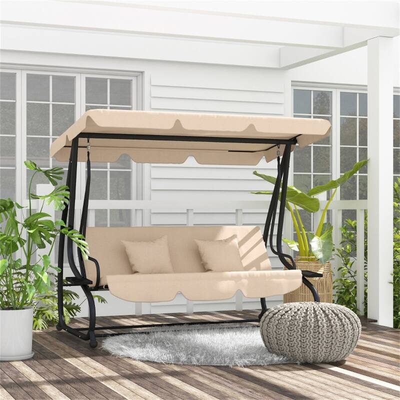 Freestanding Patio Swing for 3 Adults with Adjustable Canopy - 78.75" L x 47.25" W x 64.5" H - Beige-Black