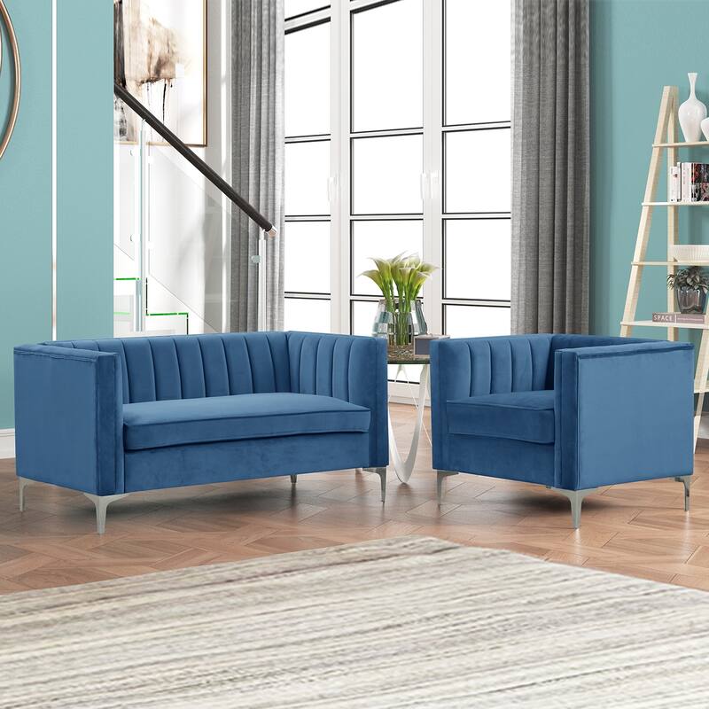 Morden Fort Modern 2 Pieces of Chair and Loveseat Set with Dutch Velvet Grey, Iron Legs