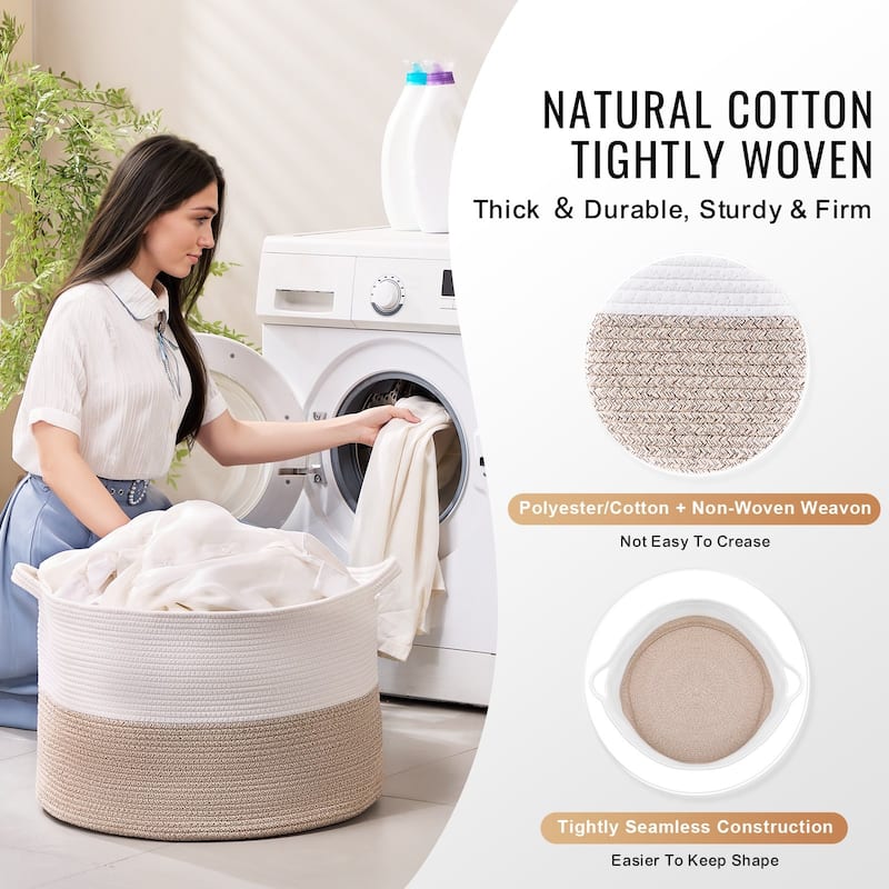 87L Woven Cotton Rope Basket for Blanket Storage with Handles - 22 x 22 x 14 in