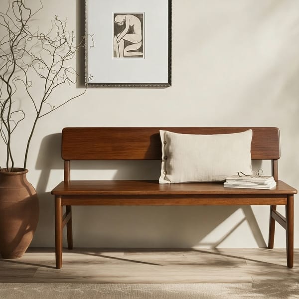 Solid Wood Dining Bench with Backrest for Kitchen, Entryway - 47.2"Wx17"D - Brown
