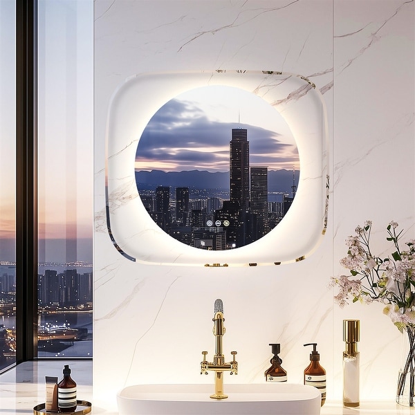 Round Led Bathroom Mirror with Novelty Square Clear Glass Frame