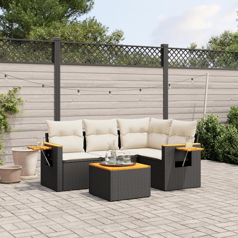 vidaXL Patio Sofa Set with Cushions Outdoor Conversation Furniture Poly Rattan - 24.4 x 33.5 x 27.2 in - Black and cream with table