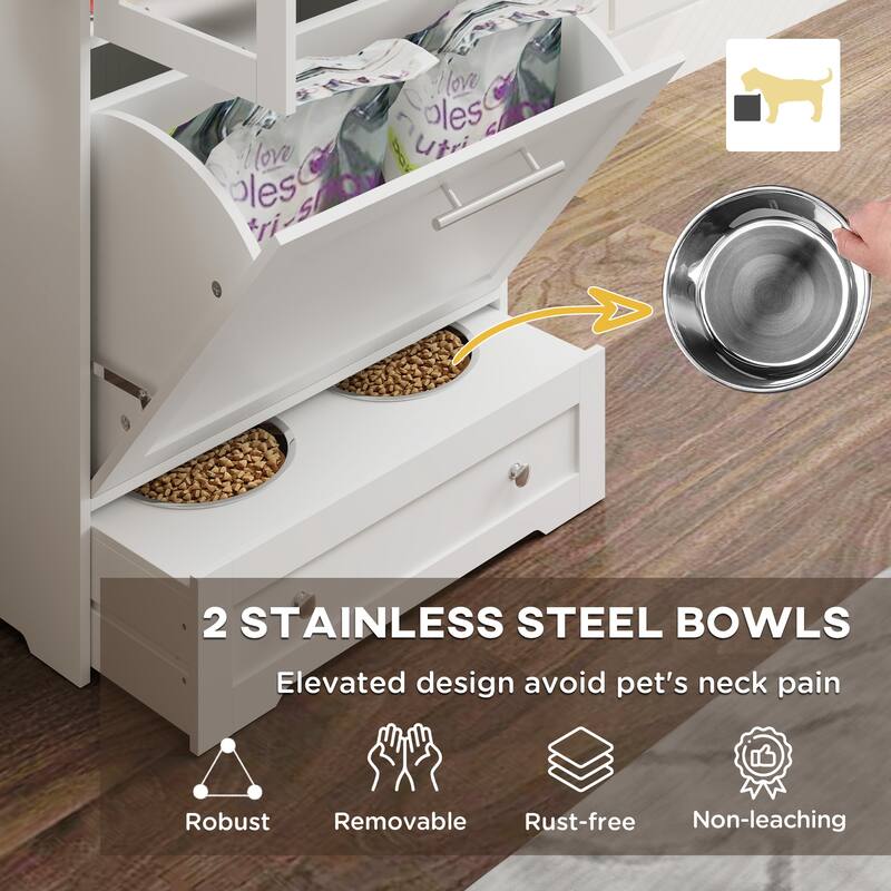 PawHut Dog Feeding Station with 2 Storage Cabinets, Pet Feeding Station with 2 Elevated Dog Bowls, Side Hooks, Anti-tip Kit