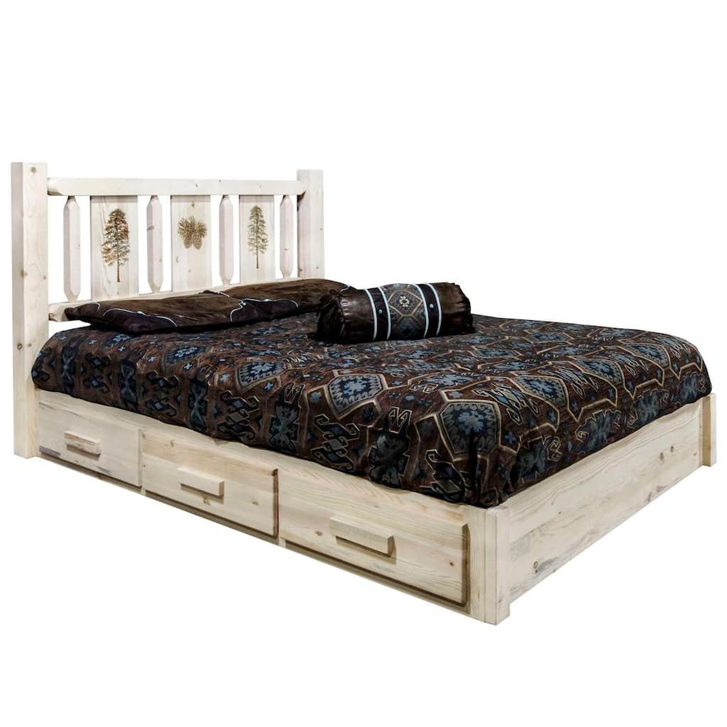 Cal King Platform Bed with Storage - Laser Engraved Pine Design & 6 Drawers
