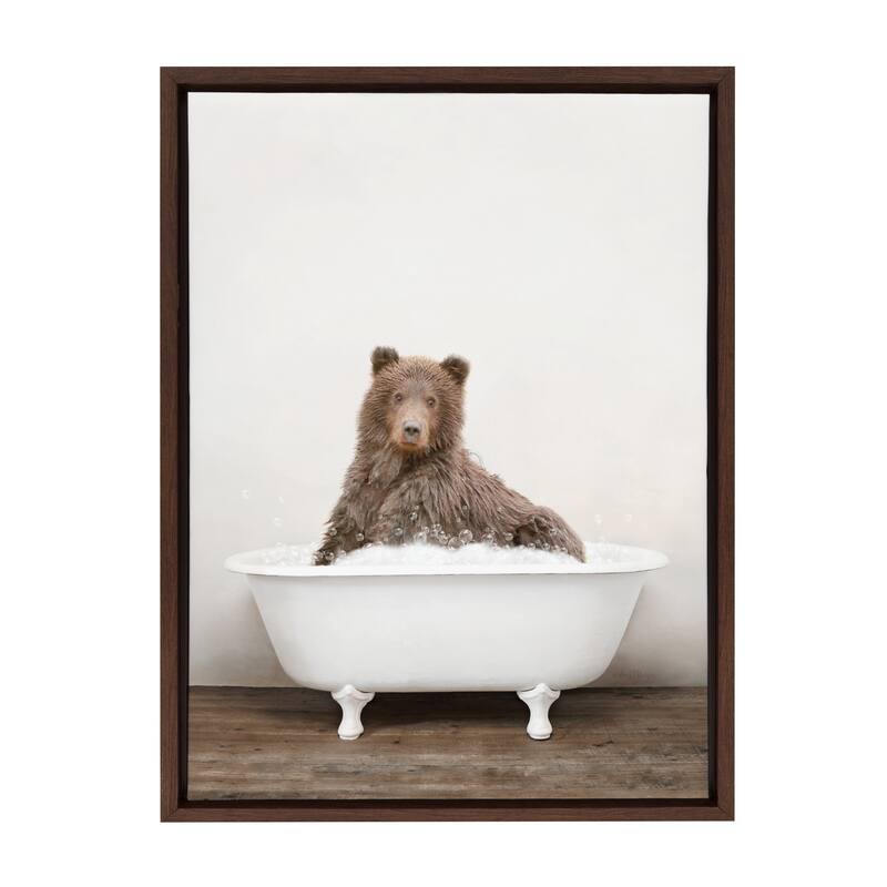 Kate and Laurel Bear Rustic Bubble Bath Framed Canvas by Amy Peterson